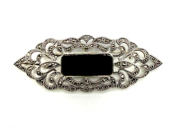 Art Deco Brooch in 925 Silver with Marcasite and Black Onyx