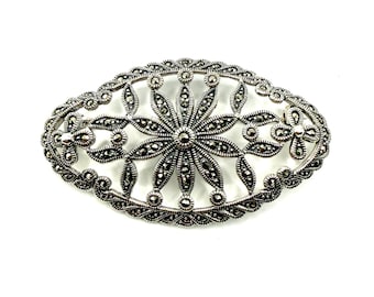 Broche édouardienne en marcassite en argent sterling 925 - 55 mm de long, 30 mm de large