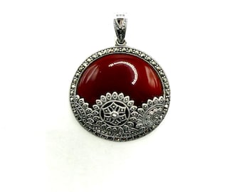 Pendants  -  Edwardian, 925 Sterling Silver, Marcasite, Carnelian  -  32mm
