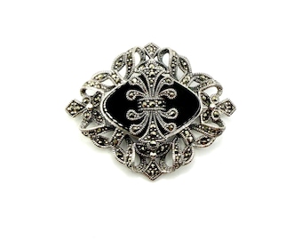 Broche gothique en argent sterling 925 avec marcassite et onyx noir