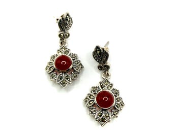 EARRINGS - 925 Sterling Silver, Marcasite and Carnelian Earrings  -  32mm. length   15mm width