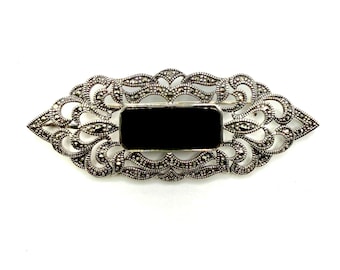 Brooch  -  Art Deco, 925 Sterling Silver, Marcasite & Onyx   -    Length  70mm     Width  25mm