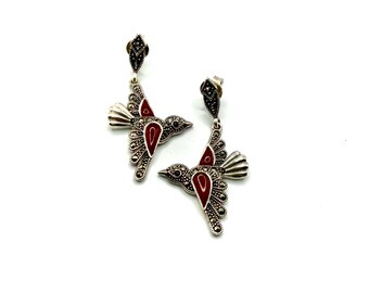 Boucles d'oreilles - « Hirondelles » en argent sterling 925, marcassite et cornaline