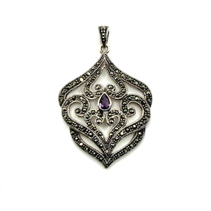Art Deco Marcasite Amethyst Pendant in 925 Sterling Silver