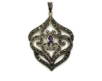 Ciondolo Art Déco in marcasite e ametista in argento sterling 925