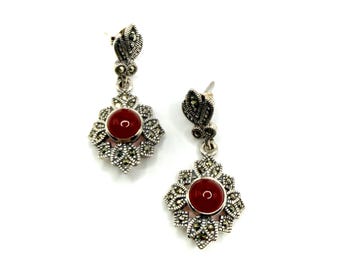 925 Silver Earrings with Marcasite and Carnelian, Elegant Drop Design
