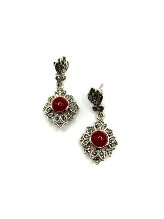 925 Silver Earrings with Marcasite and Carnelian, Elegant Drop Design