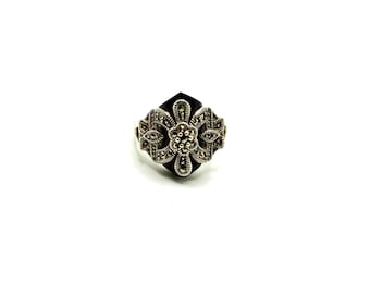 Bague Art déco en argent sterling 925 avec marcassite et onyx noir