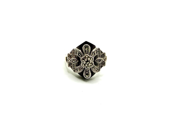 Art Deco Ring in 925 Sterling Silver with Marcasite and Black Onyx