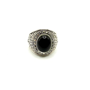 Gothic Statement Ring, 925 Sterling Silver with Marcasite and Black Onyx - Unisex Ring
