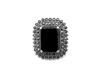 Gothic Brooch in 925 Sterling Silver with Black Onyx and Marcasite
