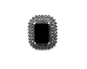 Brooch   -   Gothic, 925 Sterling Silver, Marcasite, Black Onyx  -  22mm length  18mm width
