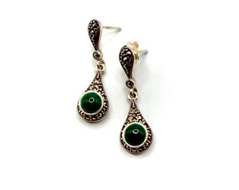 BOUCLES D'OREILLES - Pendants d'oreilles en argent sterling 925, marcassite et agate verte