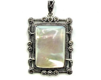 Art Deco Sterling Silver Pendant – Mother of Pearl, Marcasite Filigree (35mm)