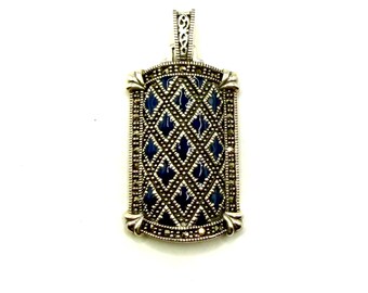 Pendentif Art déco en argent 925 avec marcassite et émail bleu marine