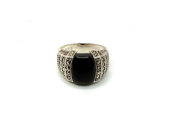 Bague - Art déco, argent sterling 925, marcassite et onyx noir - Taille 9
