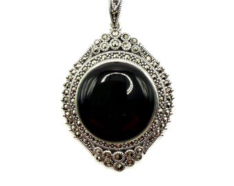 Edwardian Pendant in 925 Sterling Silver with Black Onyx and Marcasite
