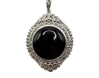 Pendants  -  Edwardian, 925 Sterling Silver,  Marcasite,  Black Onyx   -   Length  45mm    Width  30mm