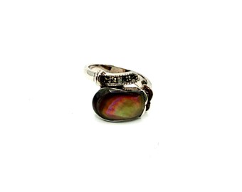 BAGUE - Argent sterling 925, marcassite et coquillages d'ormeau - Taille 8