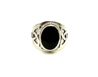 Celtic Men's Ring, 925 Sterling Silver with Black Onyx, Size 12