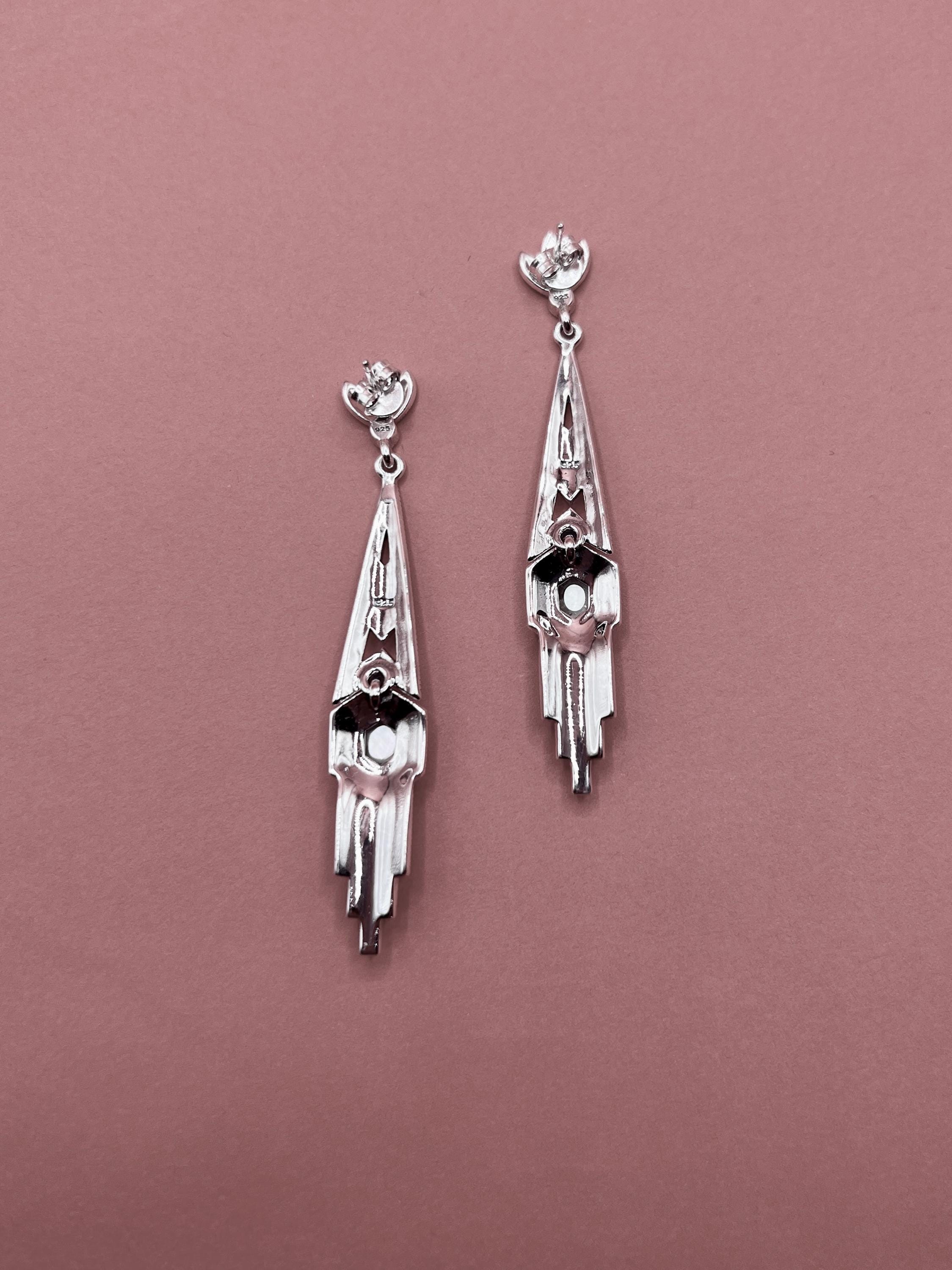 Boucles D'oreilles Art Déco En Argent 925 - Marcassite Et Nacre - Style Goutte - Neuf