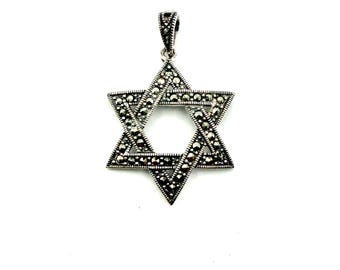Star of David Pendant, 925 Sterling Silver with Marcasite - 30mm x 25mm