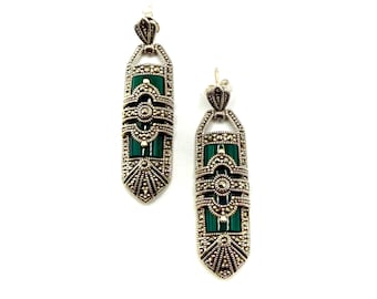 Marcasite Earrings with Green Agate, 925 Silver Art Deco Design