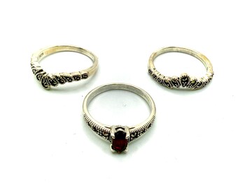 Bague - marcassite, grenat, argent sterling 3-en-1 - taille US 8
