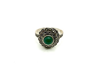 Bague - Floral, argent sterling 925, marcassite et agate verte - Taille 6 et 7
