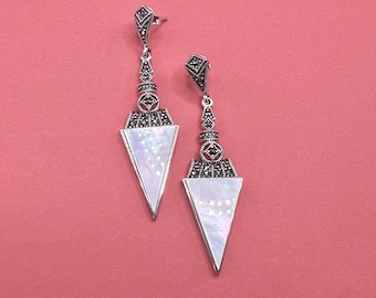 Boucles D’oreilles Art Déco Goutte En Argent 925 Avec Nacre Et Marcassite – Neuves Avec étiquettes