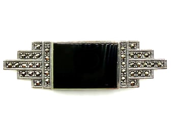 Art Deco Brooch in 925 Silver with Marcasite & Black Onyx, 65mm x 20mm