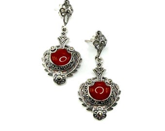 Edwardian Earrings, 925 Sterling Silver with Marcasite and Red Agate