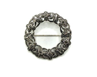Broche Art Déco, couronne de marcassite en argent sterling 925, 35 mm