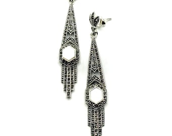 Art Deco Earrings, 925 Sterling Silver with Marcasite and Mother of Pearl