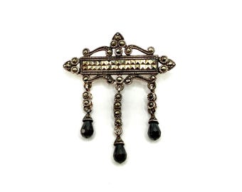 Brooch  -  Edwardian style, 925 Sterling Silver, Marcasite, Black Crystal Drops  -  Length  50mm   Width  43mm