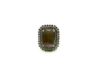 Bague Art Déco en argent 925 avec marcassite et nacre noire