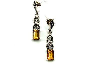 Art Deco Earrings, 925 Silver with Marcasite and Citrine - 30mm Drop