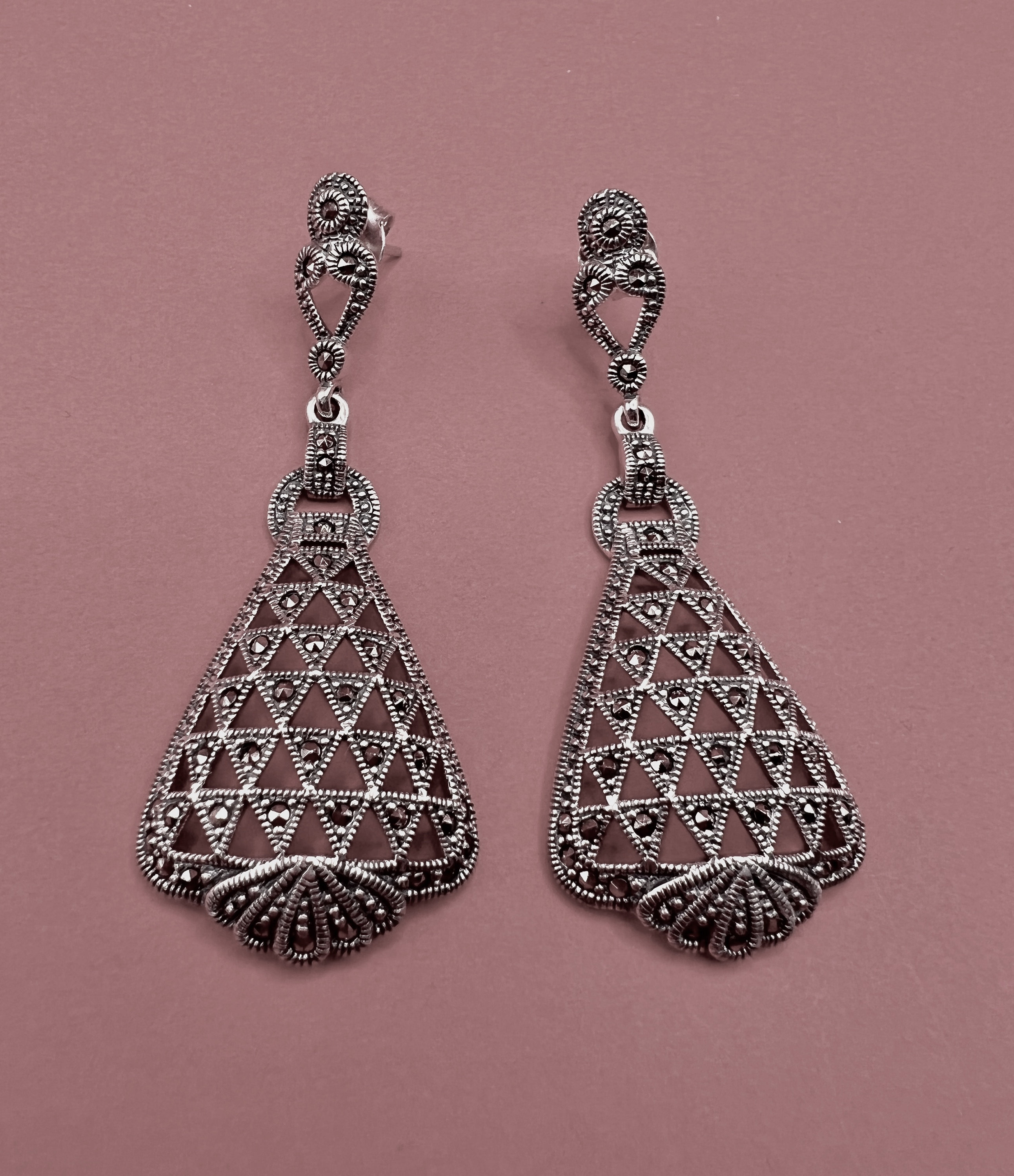 Boucles D'oreilles Art Déco En Argent 925 Et Marcassite - Forme Goutte Ovale, Occasion
