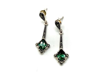 Boucles d'oreilles - Art déco, argent sterling 925, marcassite et quarts de sibérie verte