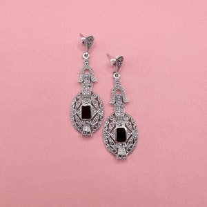 Art Deco, 925 Sterling Silver, Marcasite and Black Onyx Earrings