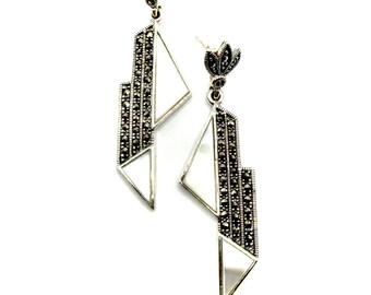BOUCLES D'OREILLES - Boucles d'oreilles Art déco en argent sterling 925, marcassite et nacre