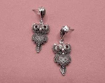 Boucles D'oreilles Art Déco En Argent Sterling 925 Et Marcassite - Forme Ovale Goutte - Occasion