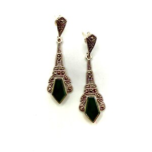 Orecchini Art Déco in argento sterling 925 con marcasite e agata verde