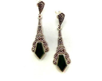 Art Deco Earrings, 925 Sterling Silver with Marcasite & Green Agate