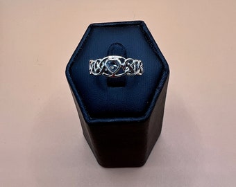 Bague noeud celtique en argent sterling massif 925 avec coeur en topaze bleue