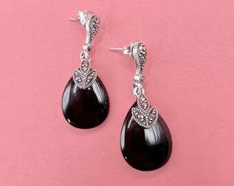 Boucles d'oreilles - Art déco, argent sterling 925, marcassite et onyx noir