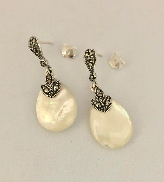 Earrings, 925 Sterling Silver, Marcasite & Mother