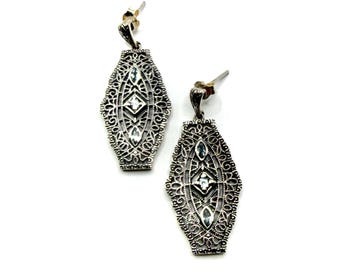 Art Nouveau Earrings with Sterling Silver Filigree and Blue Topaz