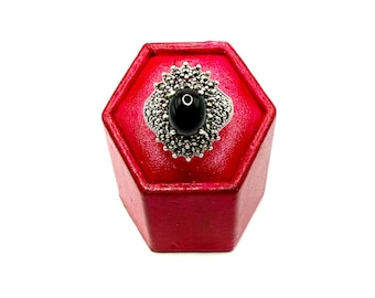 Ring  -  Gothic, 925 Sterling Silver, Marcasite and Black Onyx  - Size  9