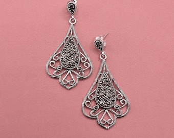 925 Sterling Silver, Marcasite and Filigree Earrings